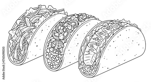 Vector of tacos with fillings, clean outline illustration style