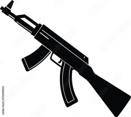 a black silhouette of a ak47 on a white background, black, drawing, gun, silhouette Isometric modern ak47 rifle with wood detailing and metallic finish