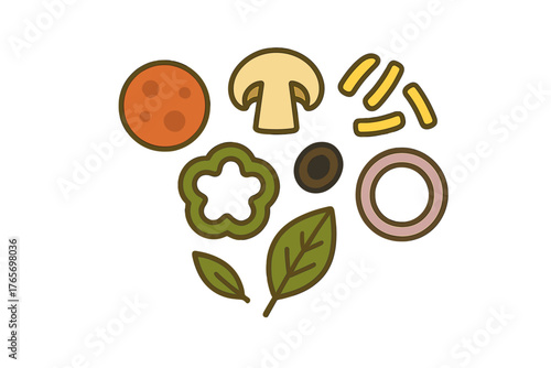 Colorful pizza ingredients assortment including pepperoni mushroom pepper onion and basil