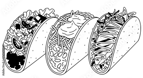 Vector of tacos with fillings, clean outline illustration style