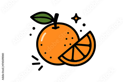 Bright orange citrus fruit with a green leaf and a sparkling wedge slice