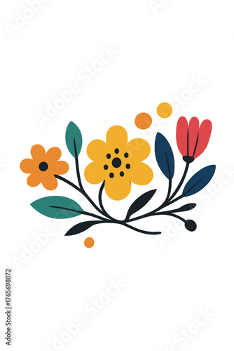 Colorful abstract floral bouquet with stylized yellow orange and red blossoms and dark green leaves