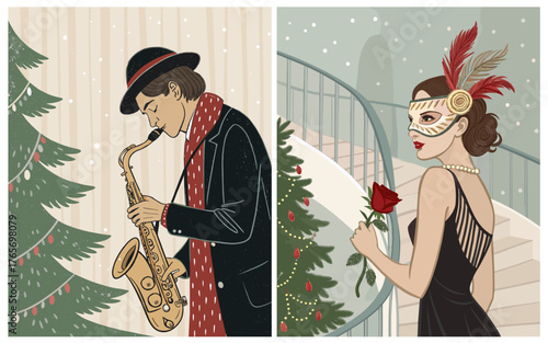 Set of two holiday Christmas illustrations featuring a saxophonist and a woman in a mask for holiday events and marketing materials