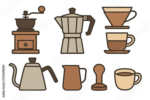 Set of essential coffee brewing equipment including grinder moka pot kettle and tamper