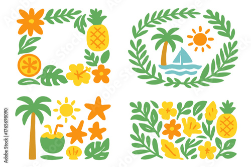 Stylized tropical summer elements including palm trees, pineapples, hibiscus flowers, and beach motifs
