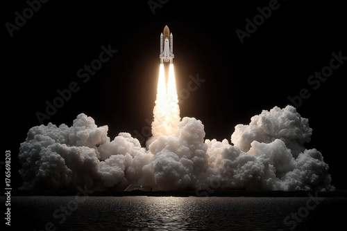 Space Shuttle Launching at Night with Bright Engine Plumes and Massive White Smoke Clouds Reflecting in the Water