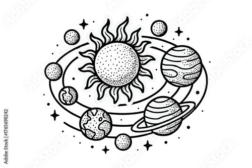 Stylized black and white cosmic solar system arrangement with orbiting planets and shining sun