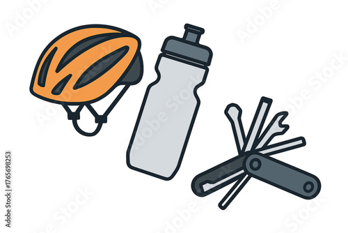 Orange bicycle helmet gray water bottle and compact multi-tool for cycling
