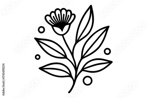 Elegant black and white stylized flower head and leaves minimalist botanical element