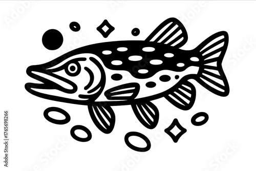 Stylized black and white freshwater fish swimming with decorative bubbles and sparkles