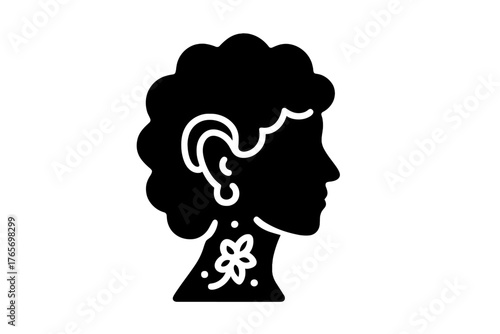 Profile silhouette of a person with curly hair, ear piercing, and floral neck decoration