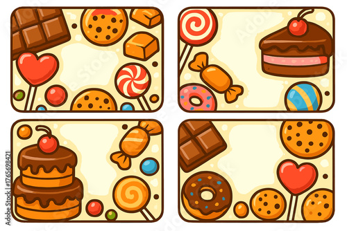 Four sweet dessert banners with chocolate, cookies, donuts, cake, and colorful candies