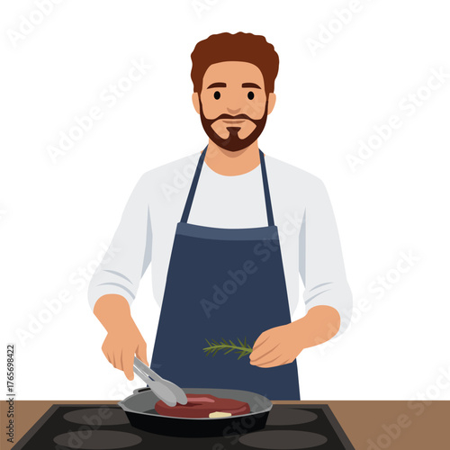 Man Cooking Steak in Kitchen. Flat vector illustration isolated on white background