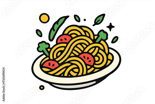 Stylized spaghetti pasta dish with meatballs and fresh green vegetables on a white plate