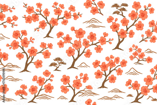 Seamless repeating design featuring stylized Japanese cherry blossom trees and landscape elements in traditional brushstroke style