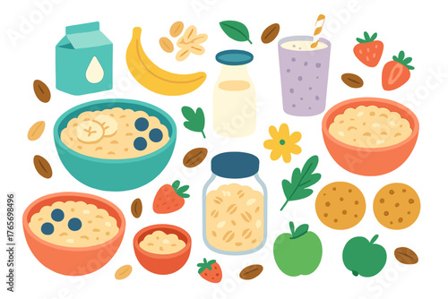 Healthy breakfast ingredients collection with oatmeal bowls, banana, strawberries, apples, and oat milk
