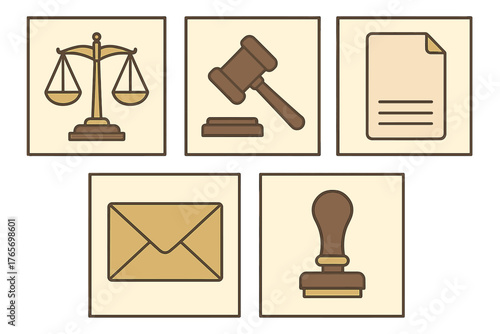 Set of legal and administrative symbols: scales of justice, gavel, document, envelope, and official stamp