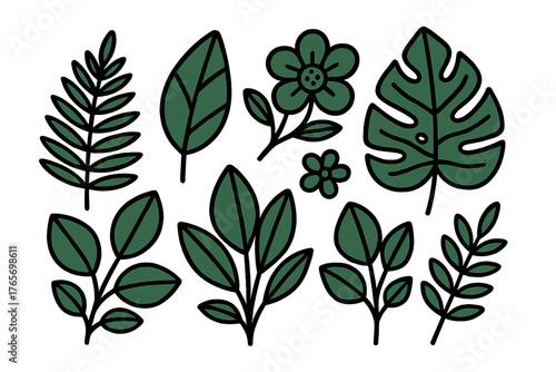 Stylized collection of green tropical leaves and botanical foliage elements with thick outlines