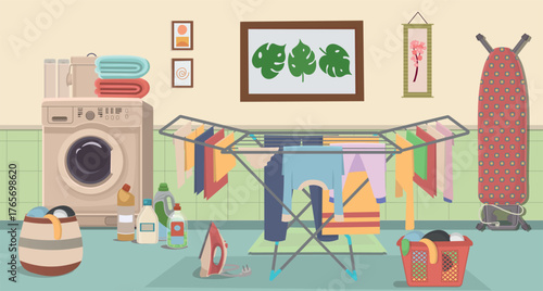 Laundry room with dirty clothes, washing machine, and shelves with powder and drying rack with clothes. Clothes are drying on lines. Clean clothes.. Vector illustration