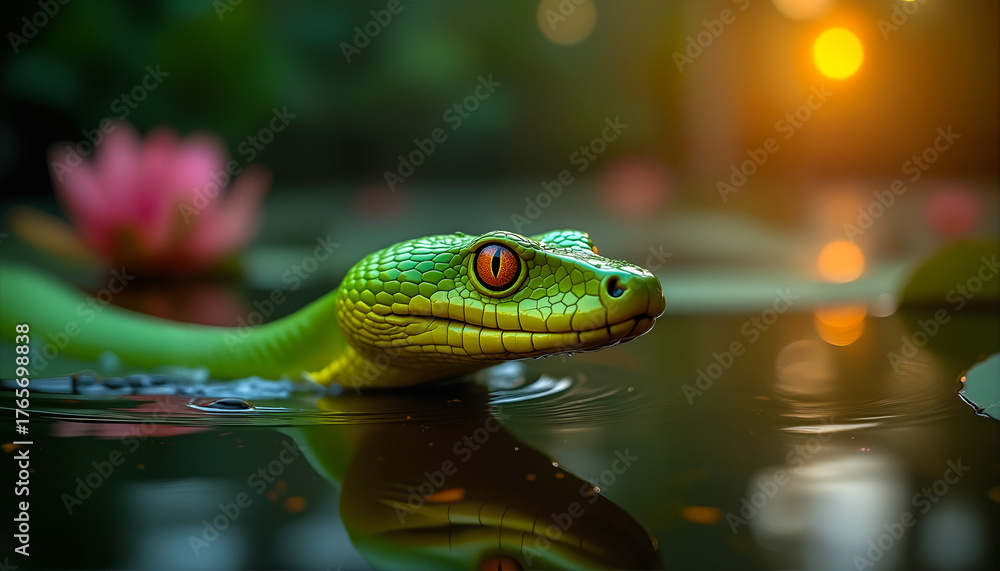 Fototapeta premium Emerald-scaled viper in shallow jungle water with vibrant sunset tones