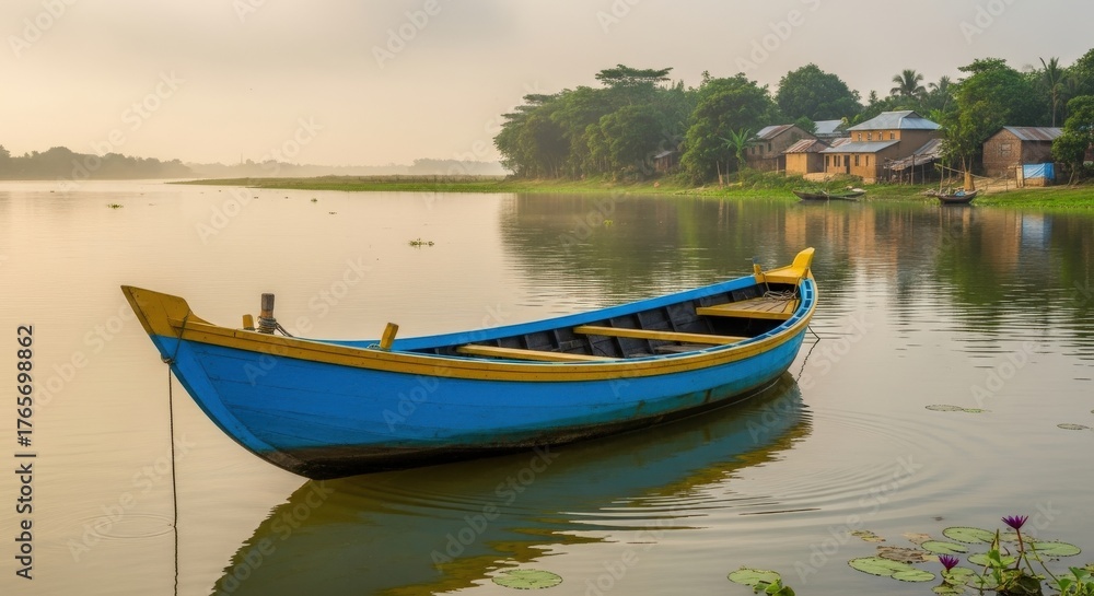 Fototapeta premium A lone blue and yellow boat rests on a calm lake at sunrise