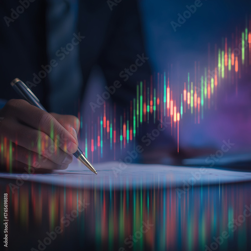 Double exposure businessman analyzing documents with pen on candlestick chart, symbolizing financial analysis, stock market trends, investment strategy and data-driven decision making. square format