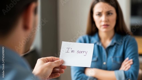 The man silently offers a written apology 
