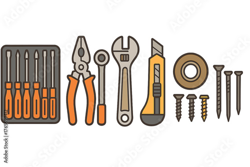 Assortment of common household repair and construction instruments and fasteners