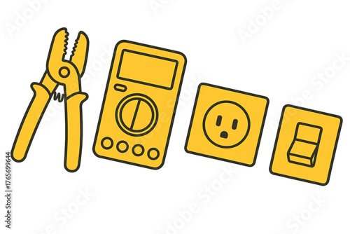 Set of essential electrician equipment featuring pliers, digital multimeter, power outlet, and wall switch
