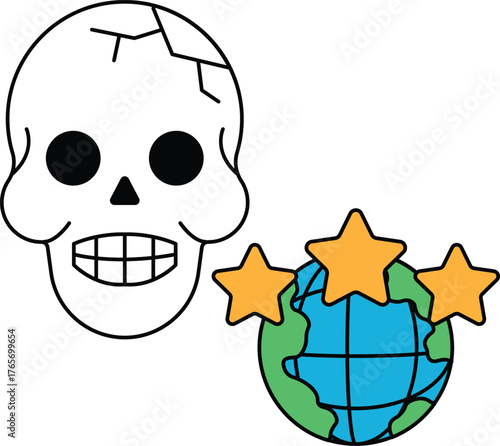 A skull is drawn next to a globe with three stars