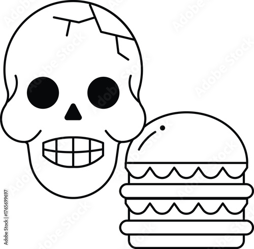 A skull and a hamburger are drawn in black and white