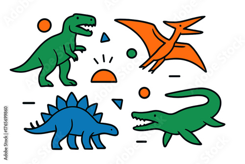 Colorful set of prehistoric creatures including Tyrannosaurus, Stegosaurus, Pterodactyl, and marine reptile