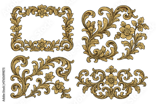 Four antique gold baroque ornamental elements with floral and acanthus leaf scrollwork decoration