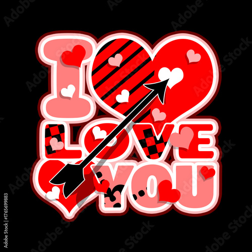 Stylized text design decorated with red, pink, and white hearts and arrows isolated on a black background. Perfect for expressing affection to celebrate National I Love You Day on October 14th.