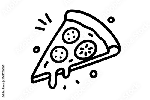 Stylized slice of pizza featuring melting cheese and various toppings in a bold line art style