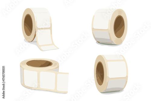 Four views of white blank adhesive labels on a roll ready for printing or product packaging