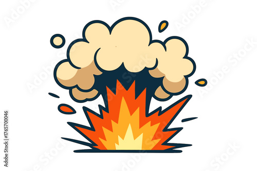 Stylized cartoon explosion burst with vibrant fire flames and billowing smoke cloud