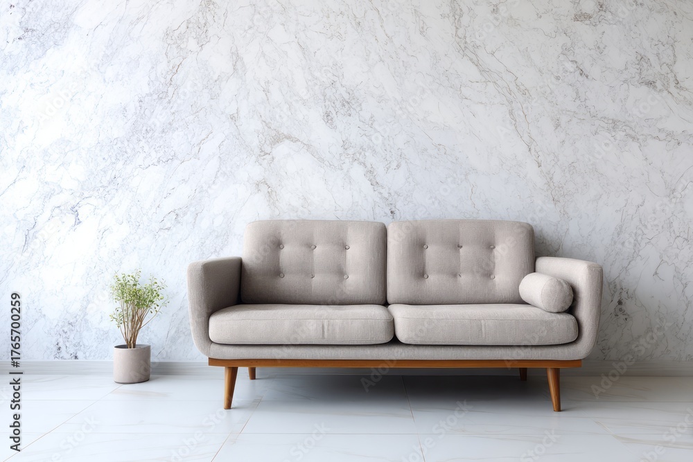Fototapeta premium Minimalist sofa against a striking marble wall creates modern elegance.