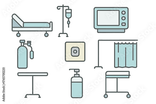 Hospital room equipment set including patient bed, IV stand, vital signs monitor, and oxygen tank