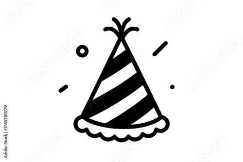 Simple black and white striped conical party hat symbolizing celebration and festive events