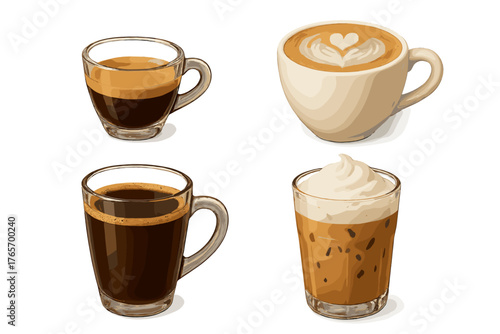 Four different coffee drinks set: espresso, latte, americano, and iced coffee