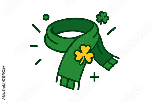 Vibrant green scarf accessory adorned with a lucky shamrock emblem for St Patricks Day holiday
