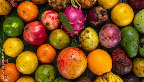 Diverse tropical fruits, varied colors and textures, arranged on a green leaf mat, a delicious and vibrant still life