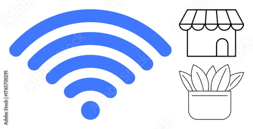 Blue wireless signal icon, storefront, and potted plant representing internet access, small business growth, remote work, eco-consciousness, technology connectivity, online services, modern