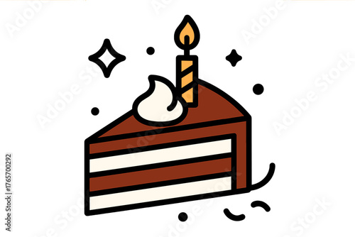 Delicious slice of layered birthday cake with a lit candle and creamy frosting