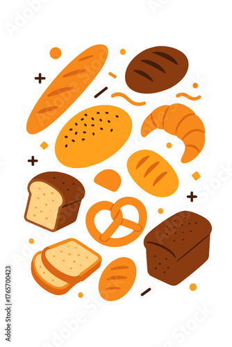 Assortment of fresh baked goods including bread loaves, sliced toast, croissant, and pretzel