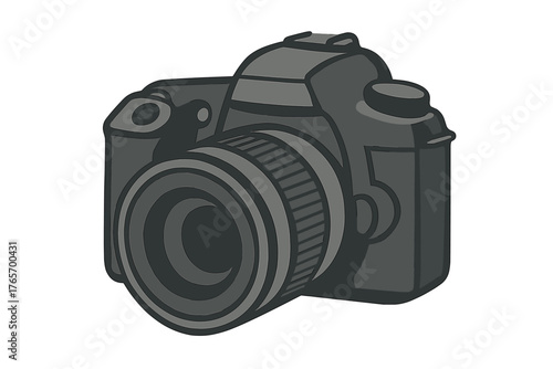 Stylized gray digital single lens reflex camera with large zoom lens isolated on white