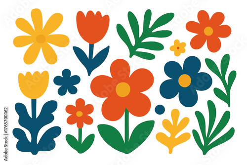 Abstract floral pattern elements in bright primary colors and bold shapes for design