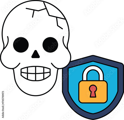 A skull is shown with a lock on a shield