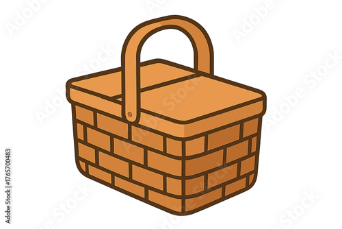 Traditional woven picnic basket with handle and closed lid isolated on white background